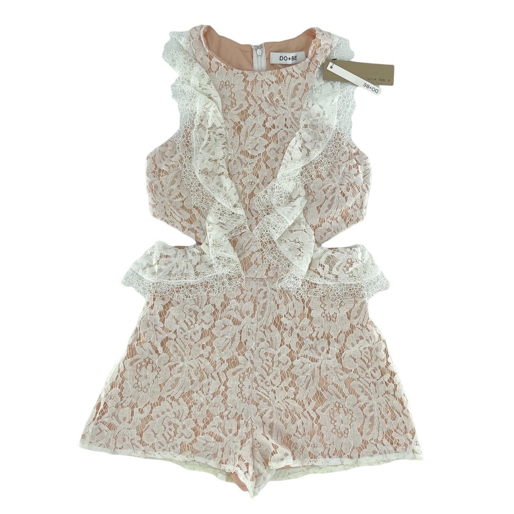 Do Be Romper Womens Small Ivory White Lace Ruffled Sleeveless Side Cutouts